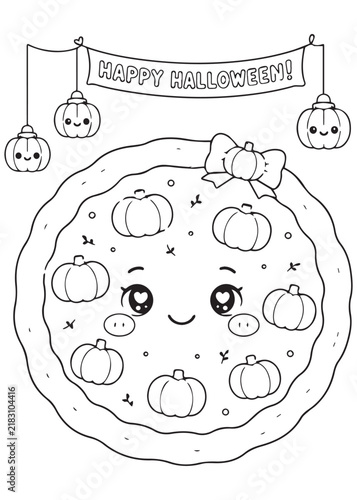 Coloring Page Book Happy Halloween Pizza with Pumpkin Toppings and Festive Banner Cute Kawaii Food Character