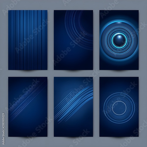 Blue Gradient Cover Templates With Glowing Stripes Concentric Rings and 3D Spheres Vector Set