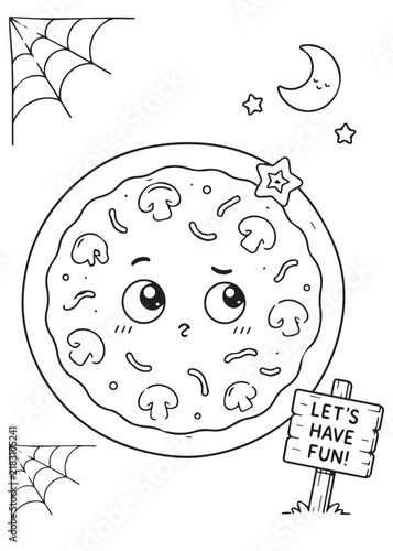 Coloring Page Book Curious Halloween Pizza with Cobweb Corners and Fun Message Sign Cute Spooky Kawaii Food Art