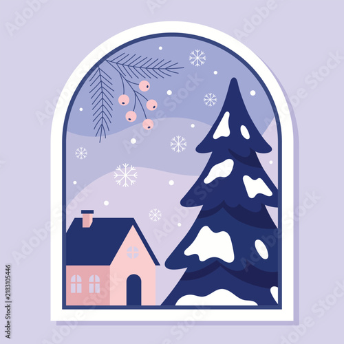 Arch window view of snowy landscape with cute house and pine tree during winter evening time.