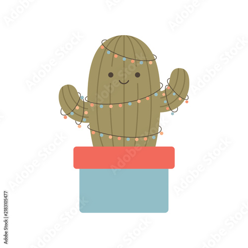 Cute cactus character with christmas lights in pot illustration on transparent background.