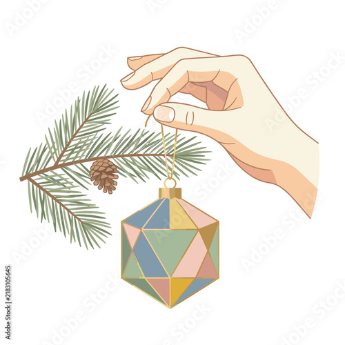 Hand holding a geometric Christmas bauble ornament hanging on a pine tree branch with a pinecone, festive holiday decoration illustration