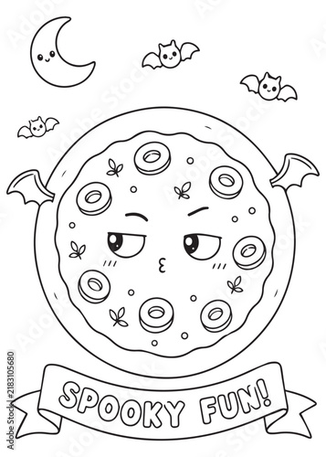 Coloring Page Book Spooky Halloween Pizza with Bats, Crescent Moon and Playful Banner Cute Kawaii Food Illustration