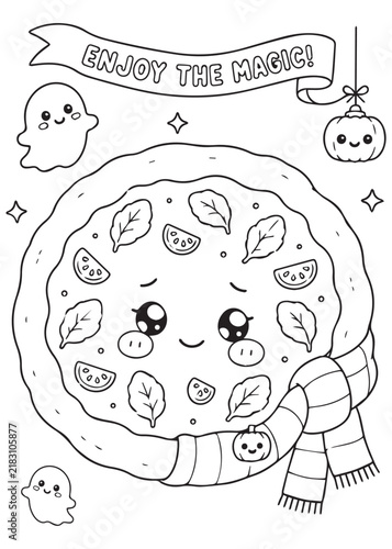 Coloring Page Book Magical Halloween Pizza with Scarf, Candy Cane and Friendly Ghost Decorations Cute Seasonal Food Art