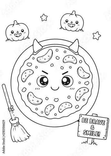 Coloring Page Book Cheerful Halloween Pizza Sweeping with Witch Broom and Pumpkin Decorations Cute Kawaii Food Scene