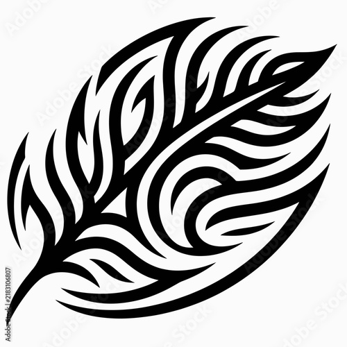 A stylized tribal tattoo design of a black feather with intricate swirling patterns.