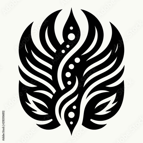 Abstract black and white symmetrical organic design with stylized leaf and flame-like elements, featuring intricate curves and dot patterns.