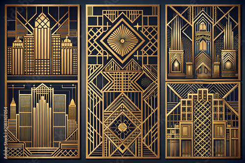 Art Deco Geometric Golden Pattern Set, Vintage Architectural Line Art Panels, Luxury Metallic Decorative Frame Background Collection
