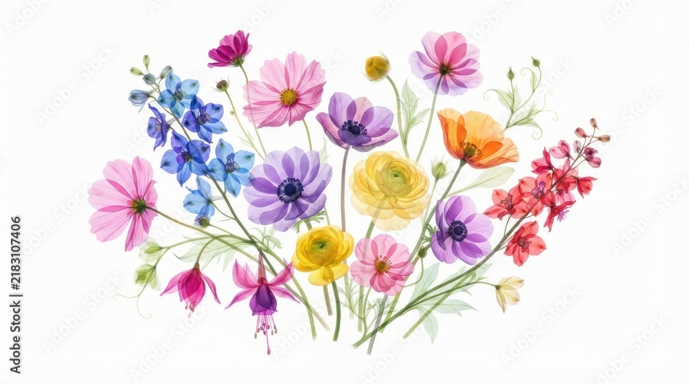 Obraz premium Beautiful Watercolor Floral Bouquet with Colorful Wildflowers and Garden Blooms.