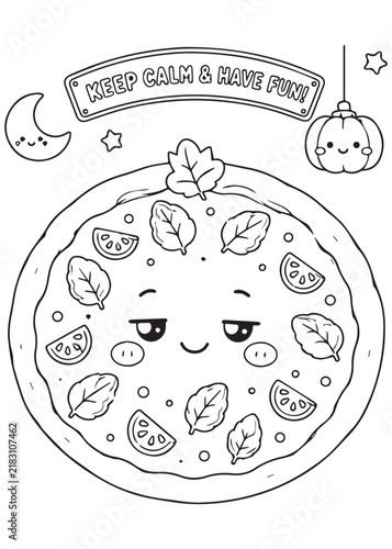Coloring Page Book Calm Halloween Pizza with Autumn Leaves, Moon and Spooky Decorations Cute Kawaii Seasonal Food Character