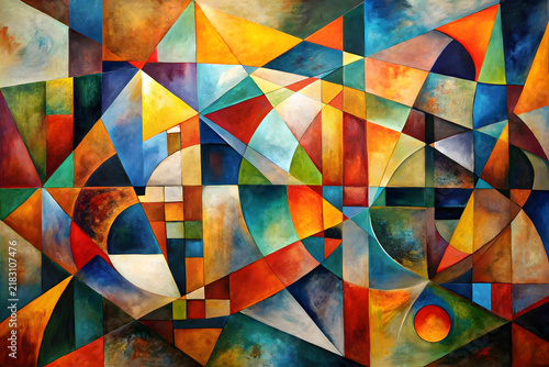 Abstract geometric oil painting, colorful cubist canvas texture art background, modern fine art design for home decor and wallpaper