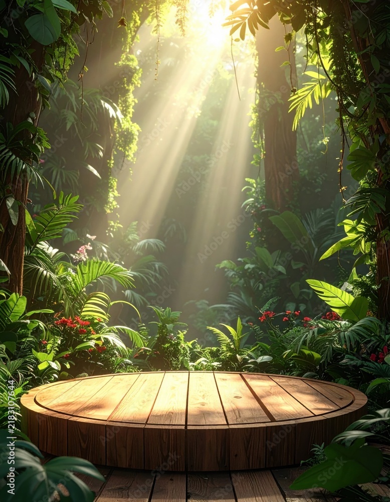 Obraz premium A sunlit wooden platform surrounded by lush tropical plants and trees in a vibrant green forest setting.