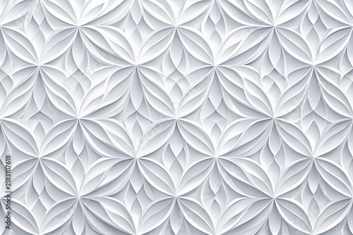 White 3D Geometric Relief Pattern, Elegant Floral Architectural Wall Texture, Abstract Minimalist Plaster Background for Modern Interior Design