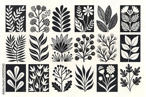 Minimalist botanical linocut prints, monochrome floral plant illustrations, Scandinavian folk art leaf patterns for wall art decor