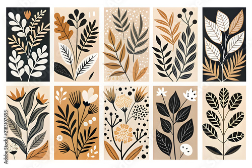 Botanical Wall Art Prints Set, Minimalist Floral Posters Collection, Neutral Boho Leaf Illustrations for Interior Decor