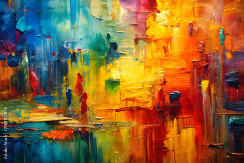 Abstract oil painting background with vibrant brushstrokes, colorful acrylic texture on canvas, expressive artistic wallpaper for creative design