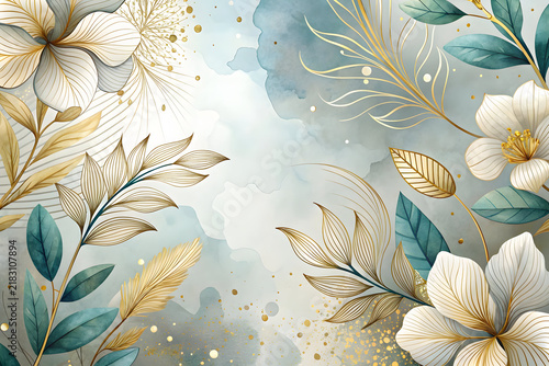 Elegant Watercolor Floral Background, Botanical Leaves and Gold Line Art, Luxury Wedding Invitation Backdrop