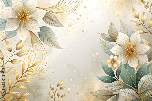 Elegant floral background with gold leaves and white flowers, luxury botanical wallpaper with soft watercolor textures, decorative wedding invitation backdrop