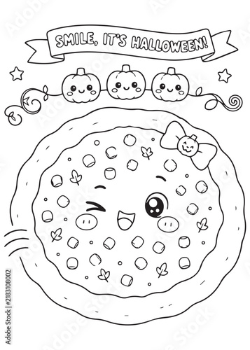 Coloring Page Book Smiling Halloween Pizza with Ghosts and Candy Decorations Under Happy Halloween Banner Cute Food Art