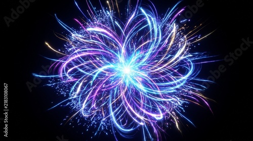 Abstract vibrant energy burst of glowing neon light trails in dark background, a mesmerizing spectacle of radiant luminescence and dynamic motion, digital art