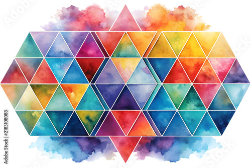 Watercolor geometric triangle pattern, vibrant rainbow mosaic background, abstract colorful polygon art composition on white background