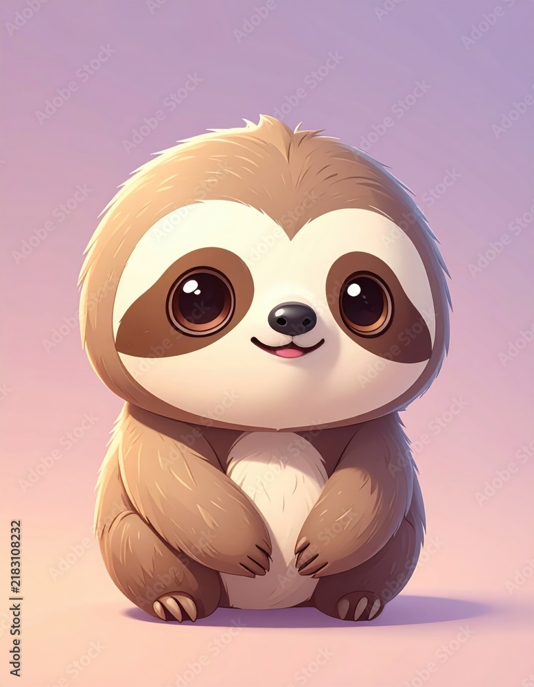 Fototapeta premium A cute, cartoon-style baby sloth with big eyes and a gentle smile sits against a soft purple background.