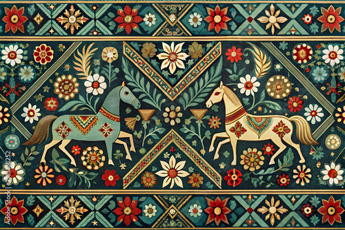 Vintage folk art tapestry with horses and floral patterns, traditional scandinavian style embroidery, rustic textile background with teal and red motifs