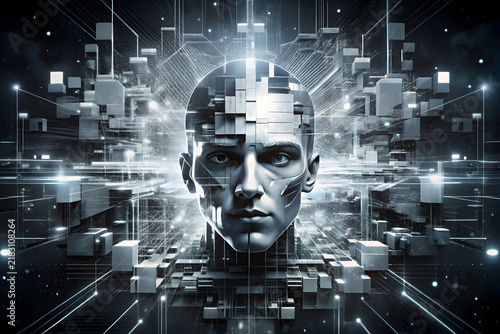 Artificial intelligence humanoid face with digital data blocks, futuristic cybernetic android head, glowing neural network and machine learning concept