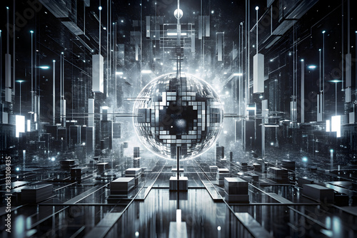 Futuristic quantum computer core with glowing energy sphere, advanced data center server room, high-tech digital infrastructure concept