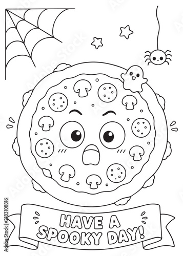 Coloring Page Book Surprised Halloween Pizza with Skull Toppings, Spider and Cobweb Decorations Cute Spooky Food Art