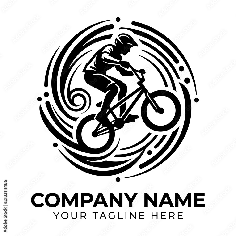 Fototapeta premium BMX Rider Silhouette Circle Logo, Extreme Sports Cyclist Action Graphic Design