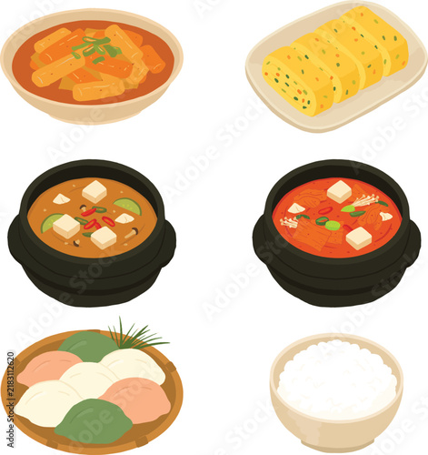 Korean Food Set with Tteokbokki, Stews, Rice, Rolled Omelette and Songpyeon