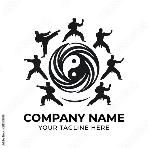 Martial Arts Circle Logo with Yin Yang Symbol and Karate Fighters