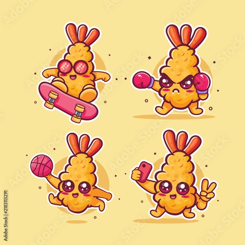 Funny eby fry food characters bundle doing various gesture like skateboarding, boxing, basketball, and taking a selfie