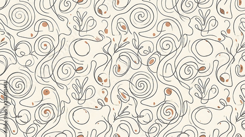 Seamless pattern featuring hand-drawn thin black swirls and minimalist brown dots on a cream background