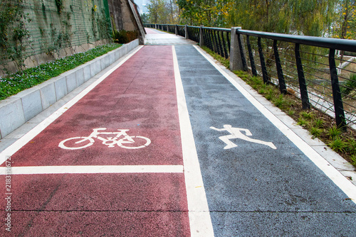 Urban bicycle and running lanes with clearly marked pavement symbols. Modern pathway features dedicated spaces for cycling, jogging, walking, fitness, recreation, active transportation, representing.