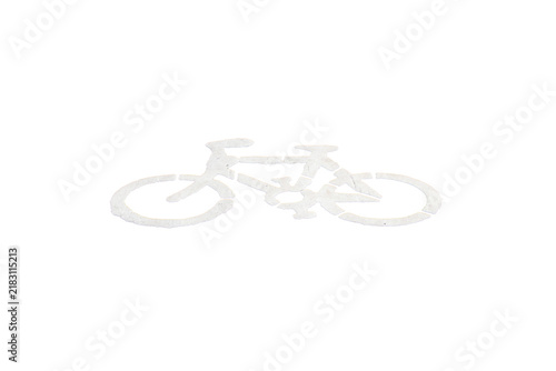 Minimalist painted bicycle symbol or sign on bicycle parking lot at roadside in town isolated on cut out PNG or transparent. Attention alert. Simple pavement marking representing fitness, exercise.