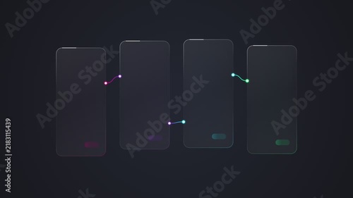 Abstract data flow connecting four glass display panels