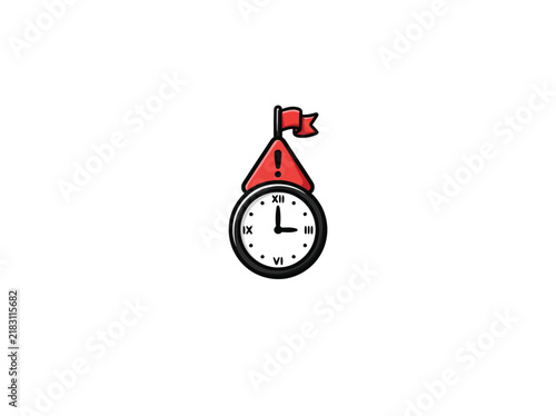 Deadline Warning Icon With Red Triangle And Analog Clock Isolated On White Background In Vector Style
