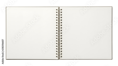 Open spiral bound sketchbook with blank white pages on transparent background