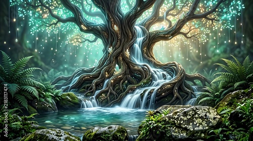 Mystical ancient tree with glowing roots beside a waterfall in a lush forest