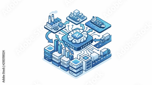 Isometric illustration of artificial intelligence managing smart industrial logistics and manufacturing processes.
