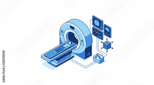 Isometric medical CT scan machine with patient diagnostic equipment.