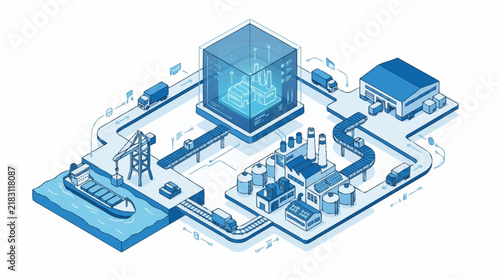 Isometric illustration of smart industrial supply chain logistics and manufacturing facility.