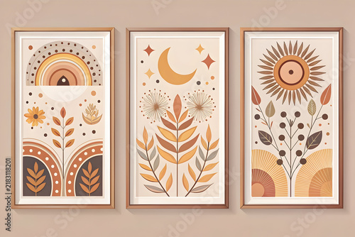 Boho wall art set of 3 framed posters, celestial sun and moon botanical prints, minimalist earthy tone mid-century modern gallery wall decor
