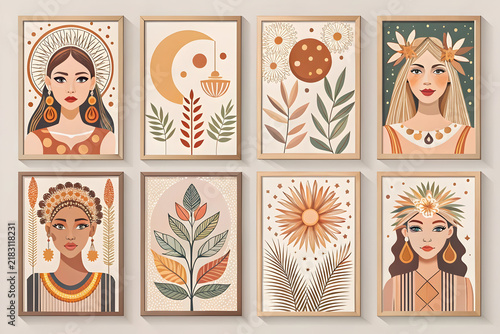 Boho wall art collection of 8 framed posters, celestial goddess portraits and botanical illustrations, mystical sun and moon prints in earthy terracotta tones