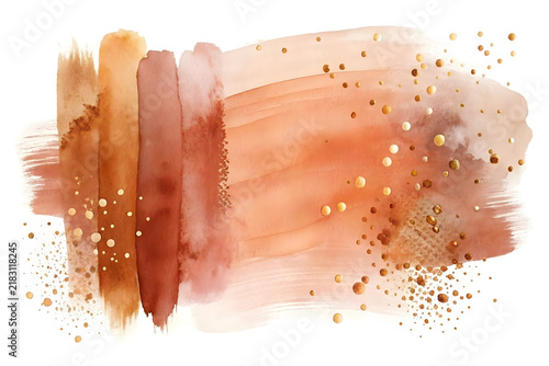 Terracotta watercolor brush strokes with gold glitter, earthy burnt orange paint splashes, abstract warm neutral background for wedding invitations