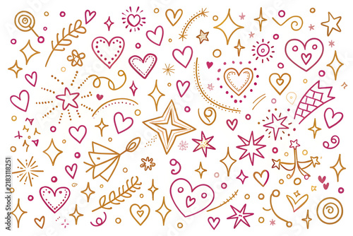 Hand drawn heart and star doodles, gold and pink romantic line art elements, whimsical celestial sketch background for wedding and valentine cards