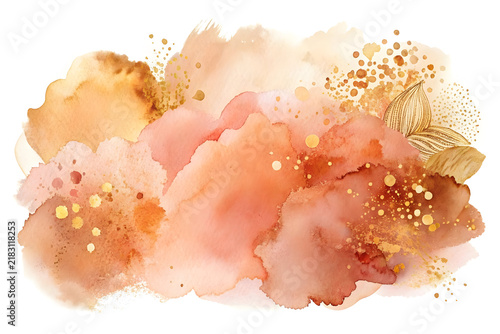 Watercolor abstract splash with gold glitter, peach and terracotta paint strokes, elegant floral wash background for wedding invitations