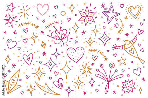 Hand drawn doodle elements with stars and hearts, whimsical pink and gold line art illustrations, decorative celestial and romantic sketches for greeting cards